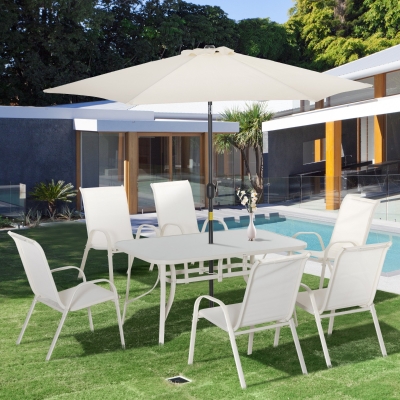 Outsunny 8 Piece Patio Dining Set with Table Umbrella, 6 Chairs and Rectangle Dining Table, Outdoor Patio Furniture Set, Cream White