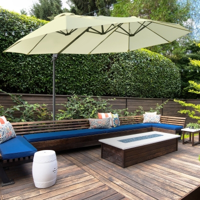 Outsunny Outdoor Patio Umbrella with Twin Canopy Sunshade Umbrella with Lift Crank Beige