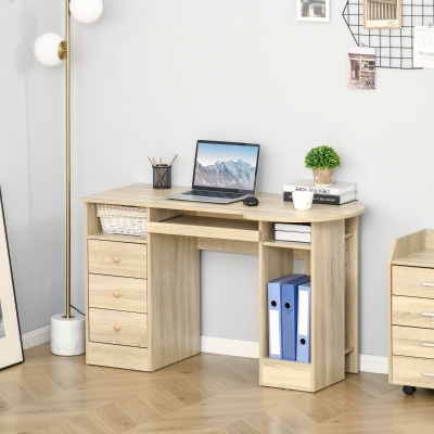 HOMCOM Computer Desk with Storage, Home Office Laptop Table with Shelves and Drawers, Modern Workstation Desk with Keyboard Tray for Study, Living Room, Natural
