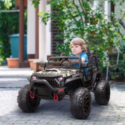 Aosom 12V Power Wheels Jeep 2-Seater Kids Electric Ride On Police Car Truck Toy With Remote For 3 - 8 Years Old Kids Camouflage Green