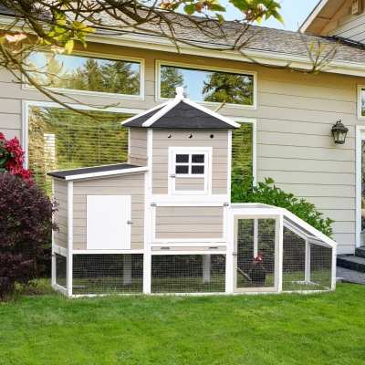 PawHut 106Inches Wooden Chicken Coop Outdoor Hen House Multi-room Poultry Cage with Removable Tray Separate Nesting Box, Grey