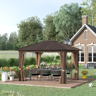 Outsunny 10' x 12' Outdoor Hardtop Gazebo Metal Roof Patio Gazebo with Aluminum Frame, Mesh Nettings, Curtains and Roomy Interior Space, Brown