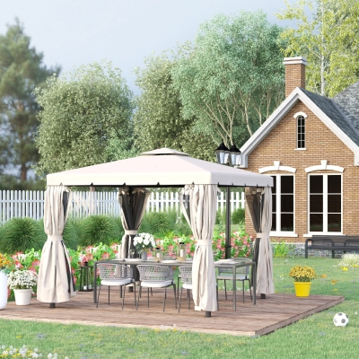Outsunny 10' x 10' Outdoor Patio Gazebo Double Soft-top Garden Shelter Tent with Beautiful Polyester Curtains, & Mesh Screen Drapes, Cream