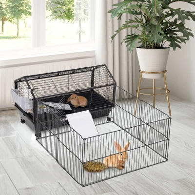 PawHut Rolling Metal Rabbit Hutch with Main House & Run