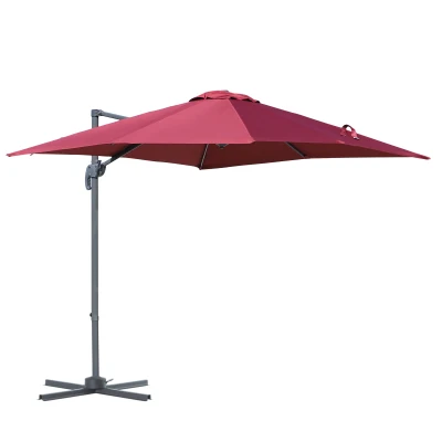 Outsunny 8' x 8' Square Patio Hanging Offset Umbrella Aluminum Outdoor Cantilever Crank Market Parasol Garden Sun Canopy Shelter 360° Rotation w/ Cross Base Wine Red