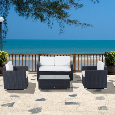 Outsunny 4pcs Rattan Wicker Sofa Outdoor Coffee Sectional Set Garden Patio Furniture Sets with Cushions, Cream White