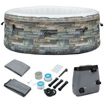 Outsunny 2-3 Person Inflatable Hot Tub Outdoor Round Portable Heated Spa with 108 Jets, Pump, Cover, Filter Cartridges, Mixed Grey