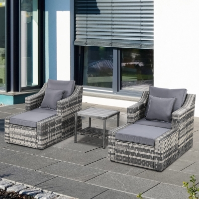 Outsunny 5-Piece Patio Rattan Wicker Conversation Set Outdoor Furniture with 2 Cushioned Armchair, 2 Ottomans and Coffee Table, Grey