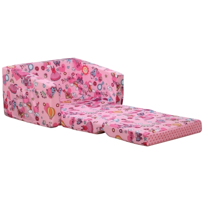 Qaba Kids Fold-Out Couch/Chair Lounger with Space-Themed Washable Fabric & Removable Cushion for 3-6 Years Old - Pink