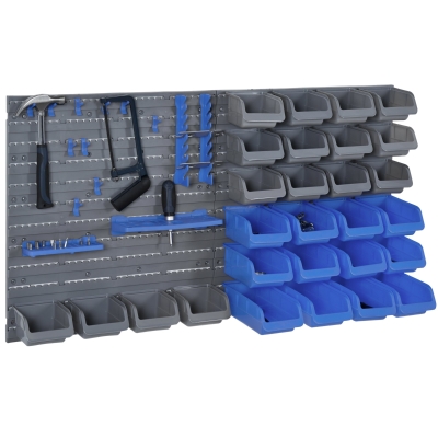 DURHAND 44 Piece Wall Mounted Pegboard Tool Organizer Rack Kit with Various Sized Storage Bins, Pegboard, & Hooks - Blue