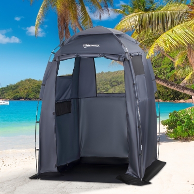 Outsunny 60" x 60" x 82" Shower Tent Changing Room Privacy Portable Camping Shelters with Windows & Floor Mat, Foldable w/ Carry Bag Dark Blue