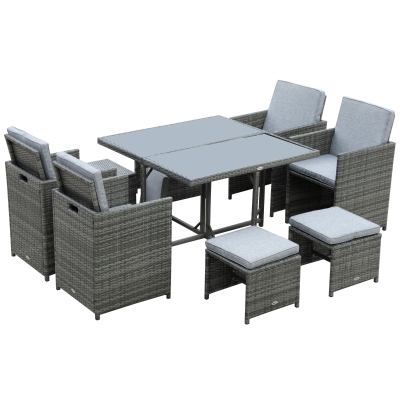 Outsunny 9 Piece Outdoor Rattan Wicker Dining Table and Chairs Furniture Set Space Saving Wicker Chairs w/ Cushions - Grey