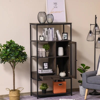 HOMCOM 4-Tier Industrial Bookcase with Drawer, Dark Brown