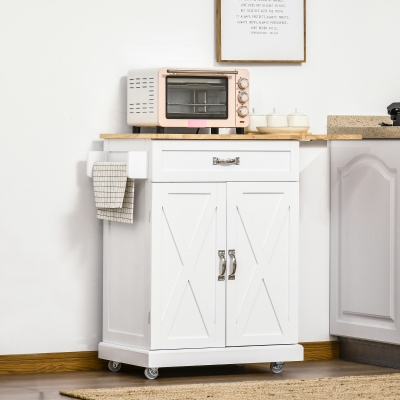 HOMCOM Foldable Kitchen Island with Storage Drawer, Farmhouse Style Rolling Utility Cart, Coffee Bar Cabinet on Wheels with Drop-Leaf Wood Top, White