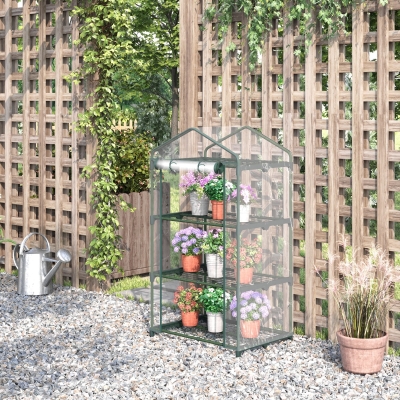 Outsunny 3 Tier Mini Greenhouse Portable Plant Greenhouse with Roll Up Door and Wire Shelves, 27" x 19" x 49", Clear