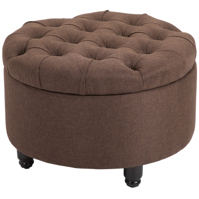 HOMCOM Round Linen Fabric Storage Ottoman Footstool with Removable Lid - Brown