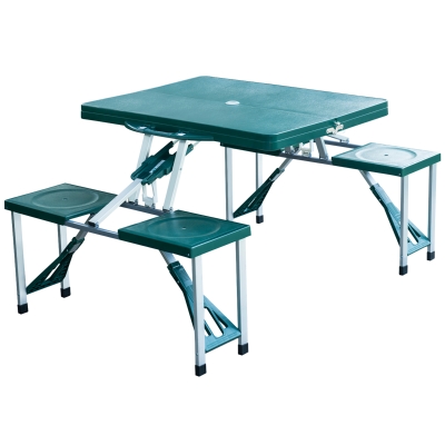 Outsunny 4 Person Plastic Portable Compact Folding Suitcase Picnic Table Set with Umbrella Hole - Green