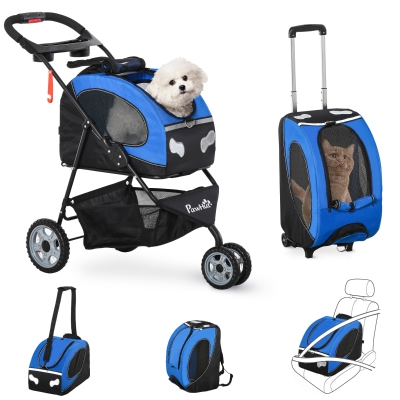 PawHut Dog Stroller 5 in 1 with Brakes Carrier Bag Mesh Windows for Small Animals