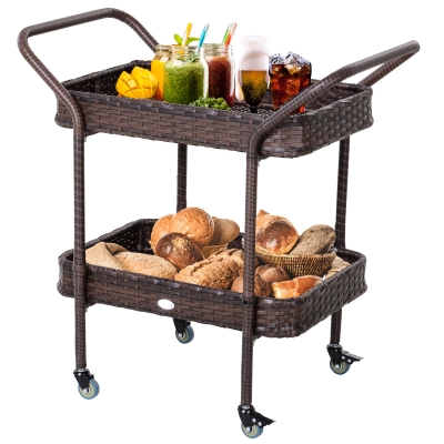 Outsunny Rolling Rattan Wicker Outdoor Kitchen Trolley Serving Cart 2 Tray Shelves