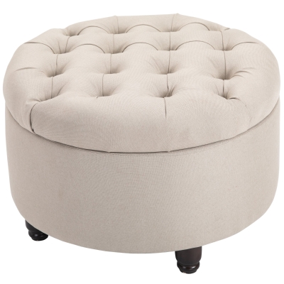 HOMCOM Round Linen-touch Fabric Storage Stool Ottoman Button Tufted Footrest with Removable Lid for Living Room, Entryway, or Bedroom, Beige