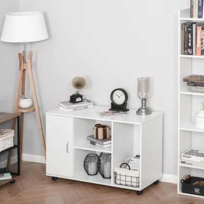 HOMCOM Wood Rolling File Cabinet, White, 3 Shelves & Door