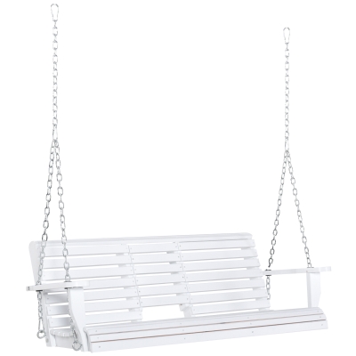Outsunny 3-Seater Wooden Porch Swing Bench with Folding Coffee Table, Durable PU Coating, Chains Included, White