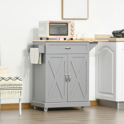 HOMCOM Foldable Kitchen Island with Storage Drawer, Farmhouse Style Rolling Utility Cart, Coffee Bar Cabinet on Wheels with Drop-Leaf Wood Top, Grey