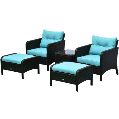 Outsunny 5 Pieces Rattan Wicker Lounge Chair Outdoor Patio Conversation Set with 2 Cushioned Chairs, 2 Ottomans & Tempered Glass Top Coffee Table, Blue