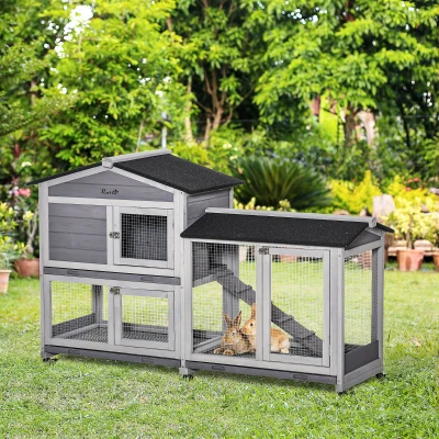 PawHut 62" Wooden Rabbit Hutch with Wheels, Run Box