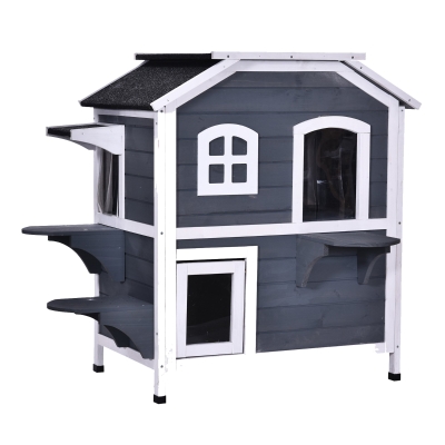 PawHut Fir Wood 2-Story Outdoor Cat House, Wooden Feral Cat Shelter with Openable Asphalt Roof for Indoor/Outdoor, White / Grey