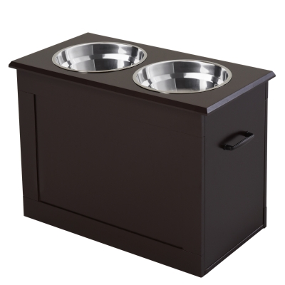 PawHut Raised Pet Feeding Storage Station with 2 Stainless Steel Bowls Base for Large Dogs and Other Large Pets - Dark Brown
