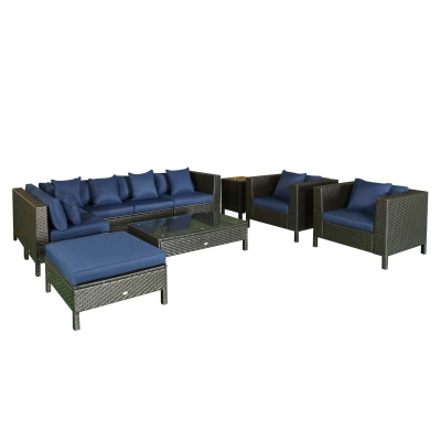 Outsunny 9-Piece Rattan Wicker Outdoor Patio Furniture Set with Modern Design Thick Soft Cushions & Tea Table - Navy