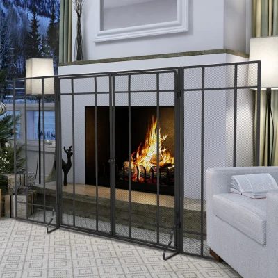 HOMCOM 3-Panel Metal Mesh Fireplace Screen, Black