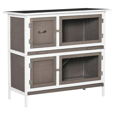 PawHut Solid Wood Rabbit / Bunny Hutch with 2 Large Main Rooms, Brown