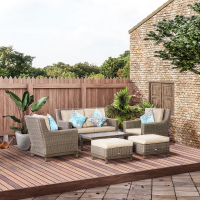 Outsunny 6 Pieces Luxury Outdoor PE Rattan Sofa Set, Patio Wicker Aluminum Conversation Furniture w/ Aluminum Panel Table-top & Cushion for Garden, Backyard, Lawn, Beige