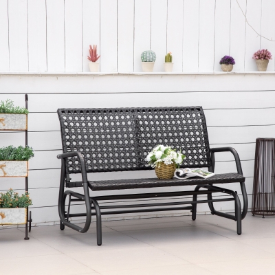 Outsunny 2-Person Outdoor PE Rattan Swing Glider Chair, Patio Garden Loveseat Rocking Bench, w/ Extra Wide Seat & Curved Backrest for Backyard, Poolside, Lawn, Black