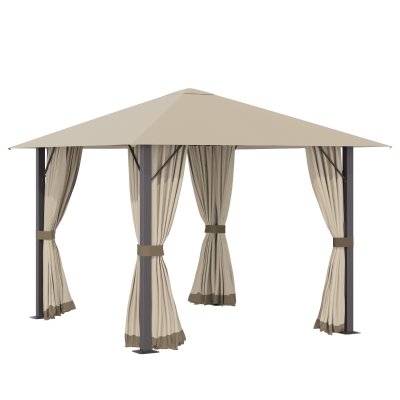 Outsunny 10' x 10' Patio Gazebo Aluminum Frame Outdoor Canopy Shelter with Sidewalls, Vented Roof for Garden, Lawn, Backyard and Deck, Khaki