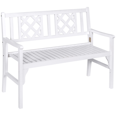 Outsunny Foldable Garden Bench, 2-Seater Patio Wooden Bench, Loveseat Chair with Backrest and Armrests, White