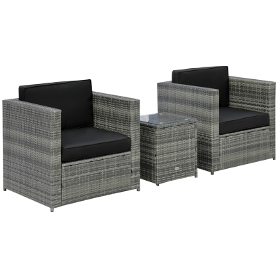 Outsunny 3 pc PE Rattan Wicker Garden Furniture Patio Bistro Set, Conservatory Sofa Table and Chairs Set, Mixed Grey