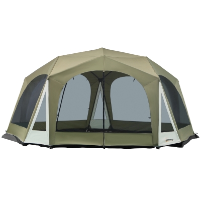 Outsunny 20-Person Camping Tent with Weatherproof Cover, Backpacking Family Tent with 8 Mesh Windows 2 Doors Portable Carry Bag for Fishing Hiking, Army Green
