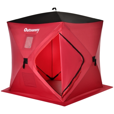 Outsunny 2 Person Ice Fishing Shelter, Waterproof Oxford Fabric Portable Pop-up Ice Tent with Bag for Outdoor Fishing, Red