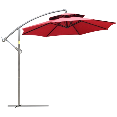 Outsunny 9FT Garden Banana Parasol Cantilever Umbrella with Crank Handle, Double Tier Canopy and Cross Base for Outdoor, Hanging Sun Shade, Red