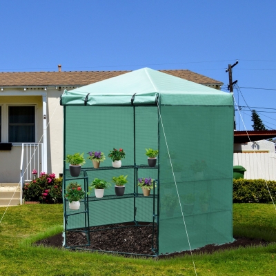 Outsunny 76.4"x88.6" Hexagonal Portable Walk-In Greenhouse Warm Plants Flower House with Shelves, Green