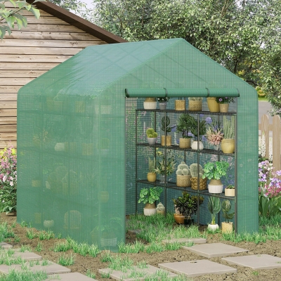Outsunny 8' x 6' x 7' Portable Water/UV Walk-In Greenhouse Hot House with 18 Shelves, Weather Cover, & Roll Up Door