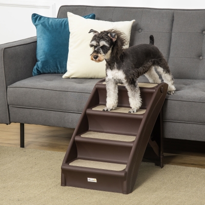 PawHut 4-Level Portable Pet Stairs, Foldable Dog Ramp, Lightweight Cat Steps, with Nonslip Soft Mats, for High Bed, Sofa, Up to 44 lbs, Dark Brown