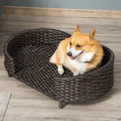 PawHut Rattan Pet Sofa, Raised Wicker Dog Bed, Cat Couch, with Soft Cushion Washable Cover, Indoor & Outdoor Use for Small & Medium Dog, Charcoal Grey