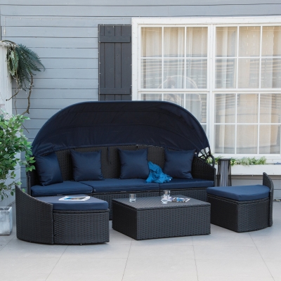 Outsunny 4 Pieces Patio PE Wicker Round Daybed, Outdoor Rattan Garden Lounge Furniture Sets, Sectional Conversation Sofa Set with Canopy, Cushions, & Pillows, Dark Blue