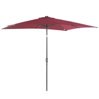 Outsunny 9' x 7' Patio Umbrella Outdoor Table Market Umbrella with Crank, Solar LED Lights, 45° Tilt, Push-Button Operation, for Deck, Backyard, Pool and Lawn, Wine Red