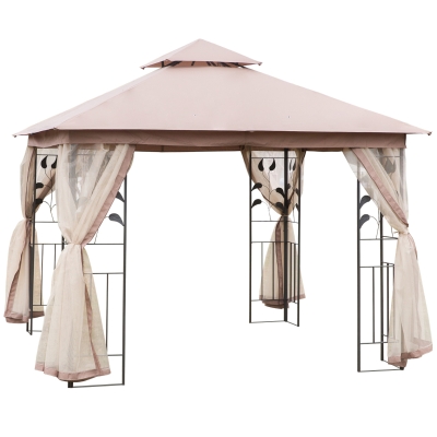 Outsunny 10' x 10' Outdoor Patio Gazebo Canopy with 2-Tier Polyester Roof, Netting, Curtain Sidewalls, and Steel Frame, Brown