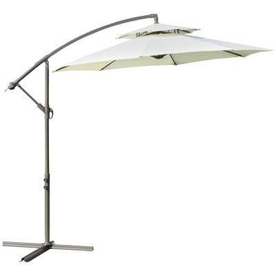 Outsunny 9FT Garden Banana Parasol Cantilever Umbrella with Crank Handle, Double Tier Canopy and Cross Base for Outdoor, Hanging Sun Shade, Beige